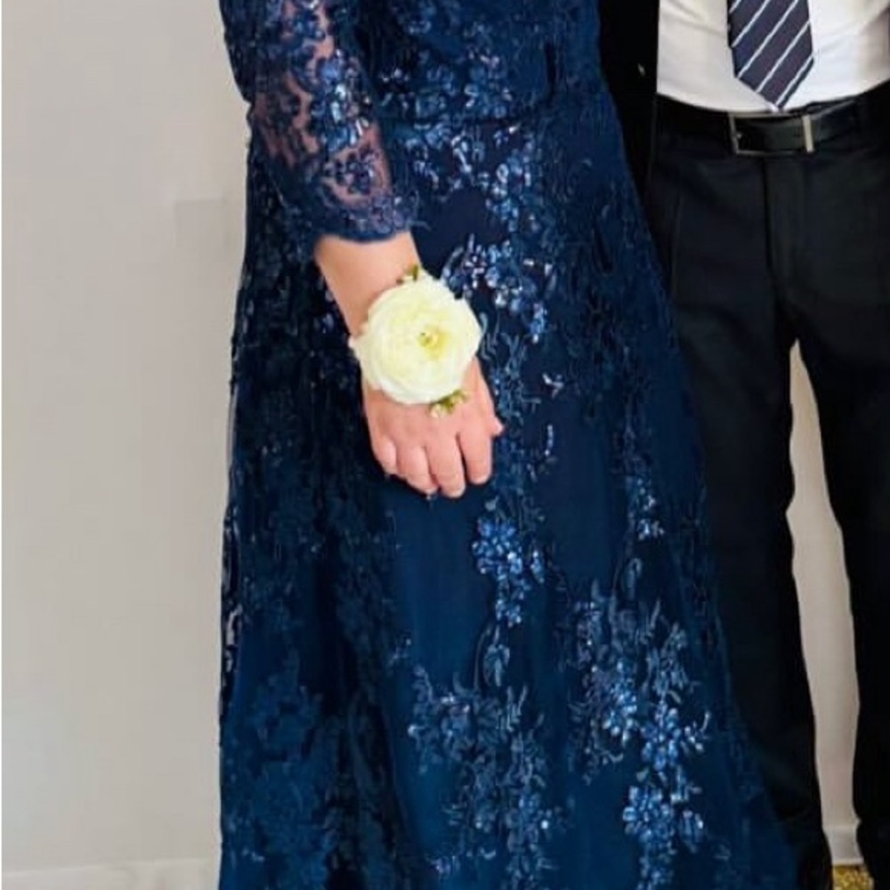 La Femme Navy Blue Lace Maxi Dress